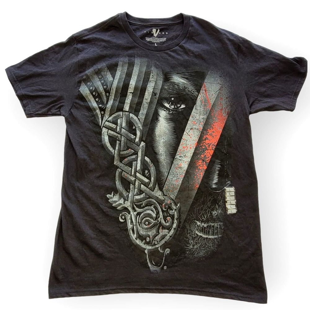 Vikings TV Show Adult Black Large T-Shirt Face and Sword Graphic Tee